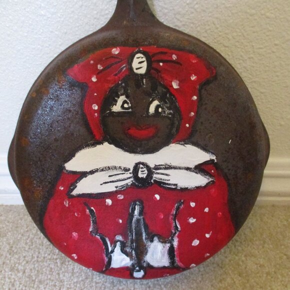 Rustic, VTG Cast Iron skillet 13" x 8" Hand Painted Black Americana, heavy - Picture 4 of 6
